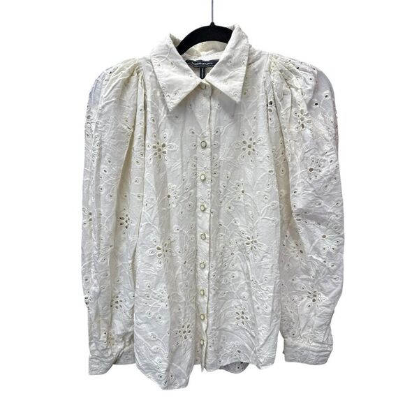 BCBGMAXAZRIA White Eyelet Puff Sleeve Blouse Size 6 Cotton Lined Embroidered - Picture 3 of 13